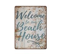 Retro Thick Metal Tin Sign-Welcome to Our Beach House Tin Sign Beach Ocean Lake River Vacation Sign Coastal Tropical-Home Decor Wall Art,Funny Signs for Home/Kitchen/Garage/Man Cave,Size 16x12 inches