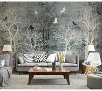 Retro Three Dimensiona Black and White Trees Birds Modern 3D Wallpaper Premium Textured Silk Neutral Tones Material Ideal for Living Room Bedroom-350cm×256cm