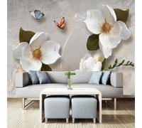 Retro Three Dimensiona White Flowers Butterflies Modern 3D Wallpaper Premium Textured Silk Neutral Tones Material Ideal for Living Room Bedroom-400cm×280cm