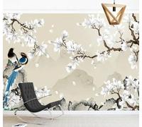 Retro Three Dimensional White Flowers Little Birds 3D Wallpaper Easy Install Feature Office Living Room Sofa Bedroom TV Background Wall Decoration-150cm×105cm