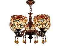 retro tiffany style chandelier living room, 8 inch wide, coloured glass lampshade crystal pendant lights for bedroom hotel dining room bar hanging light (5 heads)