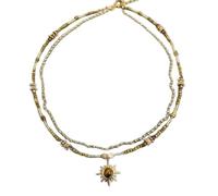 Retro Tiger Eye Czech Bead Necklace Brass Gold-Plated Color-Retaining Sunflower Pendant Stackable Clavicle Chain