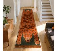 Retro Tiger Hallway Runner Rug, 80x300cm Distressed Headed Animal Print | Long Runner Tibetan Carpet, Vintage Non-Slip Washable Kitchen Floor Mat for Living Room Bedroom, Dark Green & Orange