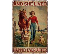 Retro Tin Sign Animal the Girl on Farm With Horses and Dogs - and She Lived Happily Ever After Tin Sign Decoration Vintage Chic Metal Poster Wall Decor Art Gift for Home Bar Cafe Garage Outdoor 16x12