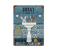 Retro Tin Sign Bunny Bath Hello Sunshine Funny Rabbits Bath Room Decor Bunny Decor Nursery Decor Rabbit Lover Gift Vertical Metal Tin Sign Funny Tin Sign 16"×12"
