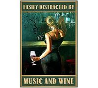 Retro Tin Sign Easily Distracted By Music And Wine Poster Funny Wall Decor Metal Tin Sign Toilet Shower Room House Retro Vintage Tin Sign 8x12 Inches