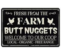 Retro Tin Sign Funny Fresh From The Farm Butt NuggetsChicken Decor for Coop Metal Chicken Butt Nuggets Signs Chicken Coop Signs for Home Kitchen Farm Yard Decor 12x8 inch