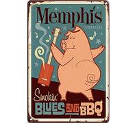 Retro Tin Sign Funny Memphis Smokin Blues And Bbq Wall Decor Poster Retro Aluminum Sign For Home Family Courtyard Coffee Bar Wall Decor Art Metal Sign Plaque Poster 8X12 Inch