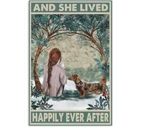 Retro Tin Sign Retro Style Dachshund Chocolate Dapple And She Lived Happily Ever After With Her Dog Metal Funny Retro Vintage Mural Gift For Women Men 8x12 Inch