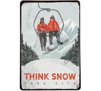 Retro Tin Sign Think Snow Print for Ski House Decor,Ski Lodge Sign 12x16 Inch