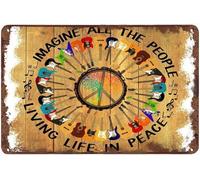 Retro Tin Sign Vintage Imagine All People Living Life in Peace, Vintage Rock Kitchen Decor Summer Decor Funny Wall Decor for Home Cafes Office Store Pubs Club Plaque Tin Sign 8x12 in