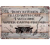 Retro Tin Sign Vintage Witch Decor in My Kitchen Filled with Care I Welcome Water Earth Fire Air Metal Iron Painting for Indoor Outdoor Home Bar Coffee Wall 8x12 Inch