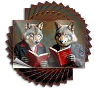 Retro Tin Signs Two Wolf Men In Suits Reading Red Books Stickers 10Pcs Man Cave Bar Outdoor Funny Metal Sign(12X18CM)