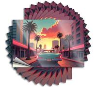 Retro Tin Signs Vintage Car Cruise: A Sunset Drive Through Palm-Tree Lined Street Stickers 10Pcs Man Cave Bar Outdoor Funny Metal Sign(6X9CM)