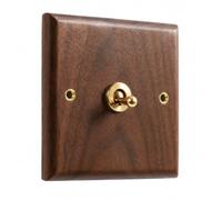 Retro Toggle Light Switch with Walnut Wood Plate and Brass Lever, Wall Mounted Switch for Home Lighting Control (1 Gang)