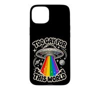 Retro Too Gay For This World UFO Groovy Space Pride Case for iPhone 15 Plus