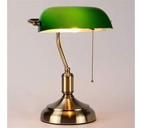 Retro Traditional Bankers Desk Lamp with Green Thick Glass Shade and Antique Brass Metal Base Study Office Lighting for Bedside Reading E27 Pull Line Switch