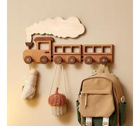 Retro Train Wall Mounted Coat Rack with Cute Cars, Solid Wood Multi Hook Organizer for Kids Room, Entryway Decor, Dual Installation