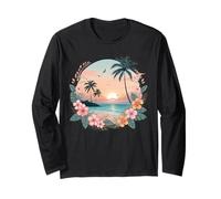 Retro Tropical Beach Sunset Palm Trees Hibiscus Flowers Cute Long Sleeve T-Shirt