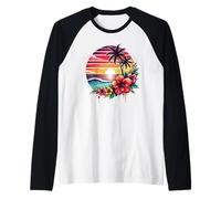 Retro Tropical Sunset Surf Wave Hibiscus Flowers Beach Vibes Raglan Baseball Tee