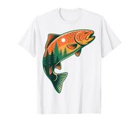 Retro Trout Fish Silhouette Pine Trees Forest Nature Moon T-Shirt