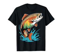 Retro Trout Fish Silhouette Pine Trees Nature Forest Sunset T-Shirt