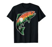 Retro Trout Fish Silhouette Pine Trees Nature Forest Sunset T-Shirt