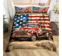 Retro Truck Bedding Set Old Style American Flag Bedding Duvet Cover Kids Boys Girls Women Adults Farmhouse Car Comforter Cover Red Blue Brown Bedroom Quilt Covers 3Pcs Super King,No Comforter