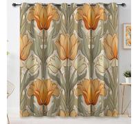 Retro Tulips Flowers Plants Blackout Curtains for Living Room Bedroom W46 x L90 Inch (2 Panels), Orange Color Print Eyelet Curtain Thermal Insulated Noise Reducing Window Curtain Drapes