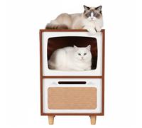 Retro TV-Style Cat House & Side Table - Two-Tier Wooden Cat Activity Center with Scratching Board