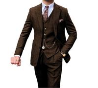 Retro Tweed 3 Piece Men's Suit,Vintage Herringbone Suit for Men's Wedding Prom Business Formal Casual Blazer Vest Pants Set, Coffee, M