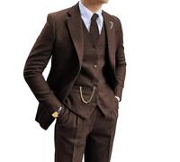 Retro Tweed Brown Men Suit 3 Piece Herringbone Slim Fit Suits Wedding Tuxedos Set Prom Jacket Blazers Vest Pants for Mens, Dark Brown, XL