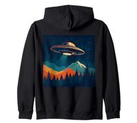 Retro UFO Alien Abduction Mountain Forest Scene Zip Hoodie