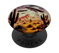 Retro UFO Desert Landscape Flying Saucers Alien Sci Fi Cactu PopSockets Adhesive PopGrip