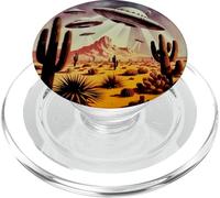 Retro UFO Desert Landscape Flying Saucers Alien Sci Fi Cactu PopSockets PopGrip for MagSafe