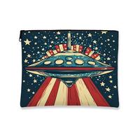 Retro UFO Theme Travel Cosmetic Bag, Vintage Sci-Fi Spaceship Makeup Zipper Pouch, Portable Canvas Organizer for Stargazing Nights, Seasonal Festival Gift, Blue, 7x9 Inch, Ufo
