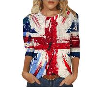 Retro Union Jack Tops Women Vintage British Flag Great Britain UK T-Shirt 3/4 Sleeve Crew Neck Blouse British Holiday T Shirts UK Flag Britain Union Jack Flag T-Shirts Summer Casual Tees