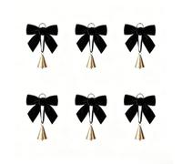 Retro Velour Bow Brass Bell Ornaments Set 6 Pcs 2.95 x 2.56in | Includes burgundy green pink brown black colors for festive tree wedding or party decor loop for easy hanging