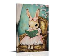 Retro Vintage Bunny Reading Wall Art Hanging Paintings Poster Cute Whimsical Canvas Print Trendy Wall Decor for Living Room Apartment Bedroom Home Decoration 12x18inch(30x45cm)