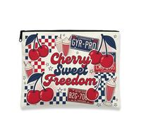 Retro Vintage Cherries Makeup Bag, Sweet Freedom Cosmetic Travel Pouch for Women, Portable Canvas Zipper Organizer, Summer Skincare Toiletry Bag 7x9 Inch