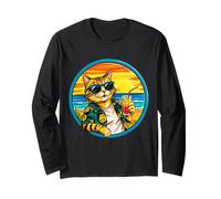 Retro Vintage Cool Cat Relaxing With A Drink On The Beach Long Sleeve T-Shirt