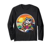 Retro Vintage Cool Cat Relaxing With A Drink On The Beach Long Sleeve T-Shirt