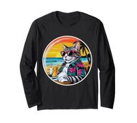 Retro Vintage Cool Cat Relaxing With A Drink On The Beach Long Sleeve T-Shirt