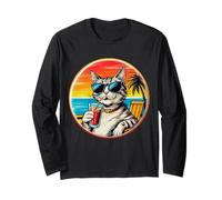 Retro Vintage Cool Cat Relaxing With A Drink On The Beach Long Sleeve T-Shirt