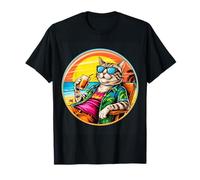 Retro Vintage Cool Cat Relaxing With A Drink On The Beach T-Shirt