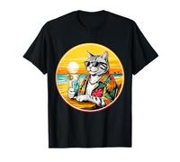Retro Vintage Cool Cat Relaxing With A Drink On The Beach T-Shirt