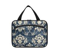 Retro Vintage Denim Victorian Hanging Makeup Bag for Women with Hook, Designer Accessories Toiletry Bags for Adults Work bolso de para Mujer L