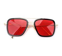 Retro Vintage Iron Man Sunglasses Tony Stark Glasses Square Metal Frame for Men Women Goggle Classic Alloy Frame (Black Frame Red Lens)