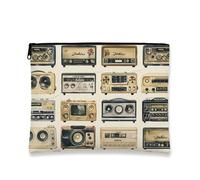 Retro Vintage Makeup Bag, Classic Radio Pattern Cosmetic Travel Pouch for Women, Portable Small Canvas Zipper Organizer, Gift for Music Lovers, Beige, 7x9 Inch, Pouch