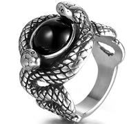 Retro Vintage Stainless Steel Created Black Onyx Stone Double Snakes Cocktail Party Halloween Biker Ring, Metal, Cubic Zirconia